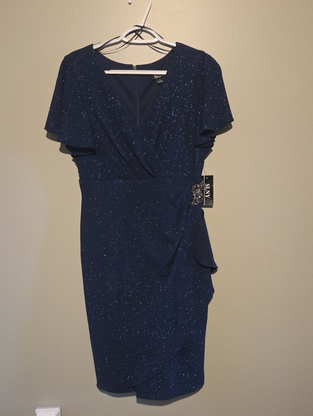 SLNY Navy Sparkle Midi Dress with Side Drape